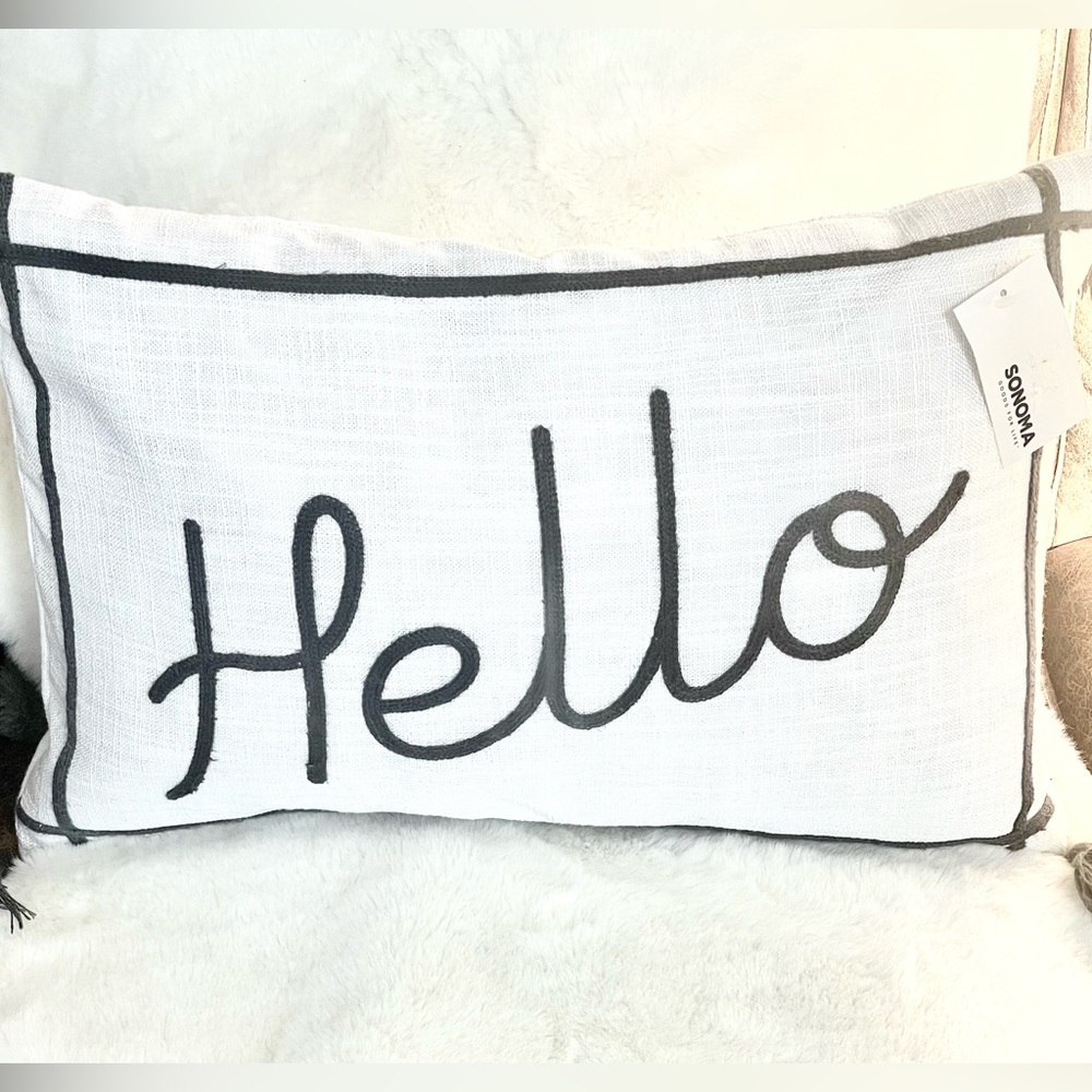 New with tags “HELLO” 100% FEATHER FILLED PILLOW w/REMOVABLE COVER & TOSSILS